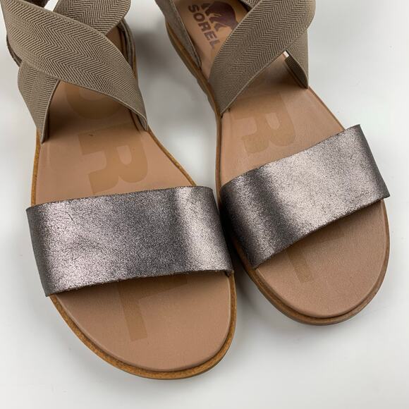 Sorel Ella II Sandals Brown Metallic Grey Strappy Flats Women's 8 - Picture 3 of 9
